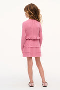 Girls pink pointelle cardigan back view with long sleeves and ruffled tiers