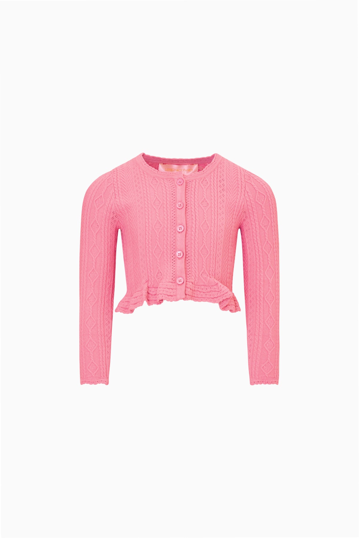 Girls pink pointelle knit cardigan with button front and ruffled hem