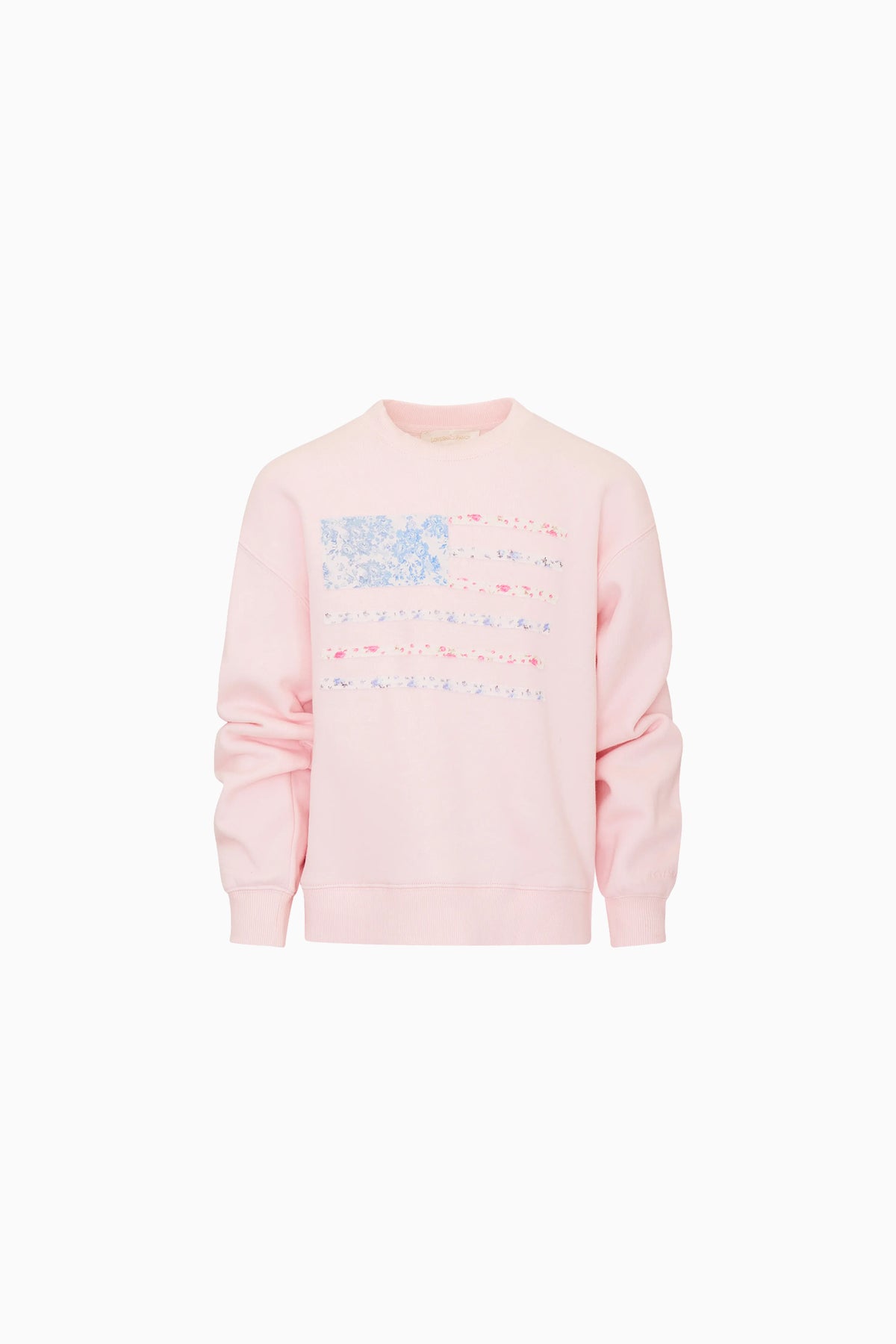 Girls' pink crewneck pullover with colorful American-style graphic