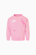 Pink girls crewneck sweatshirt with front chest graphic and patch