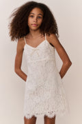Ivory lace mini dress with floral lace pattern and thin straps, front view