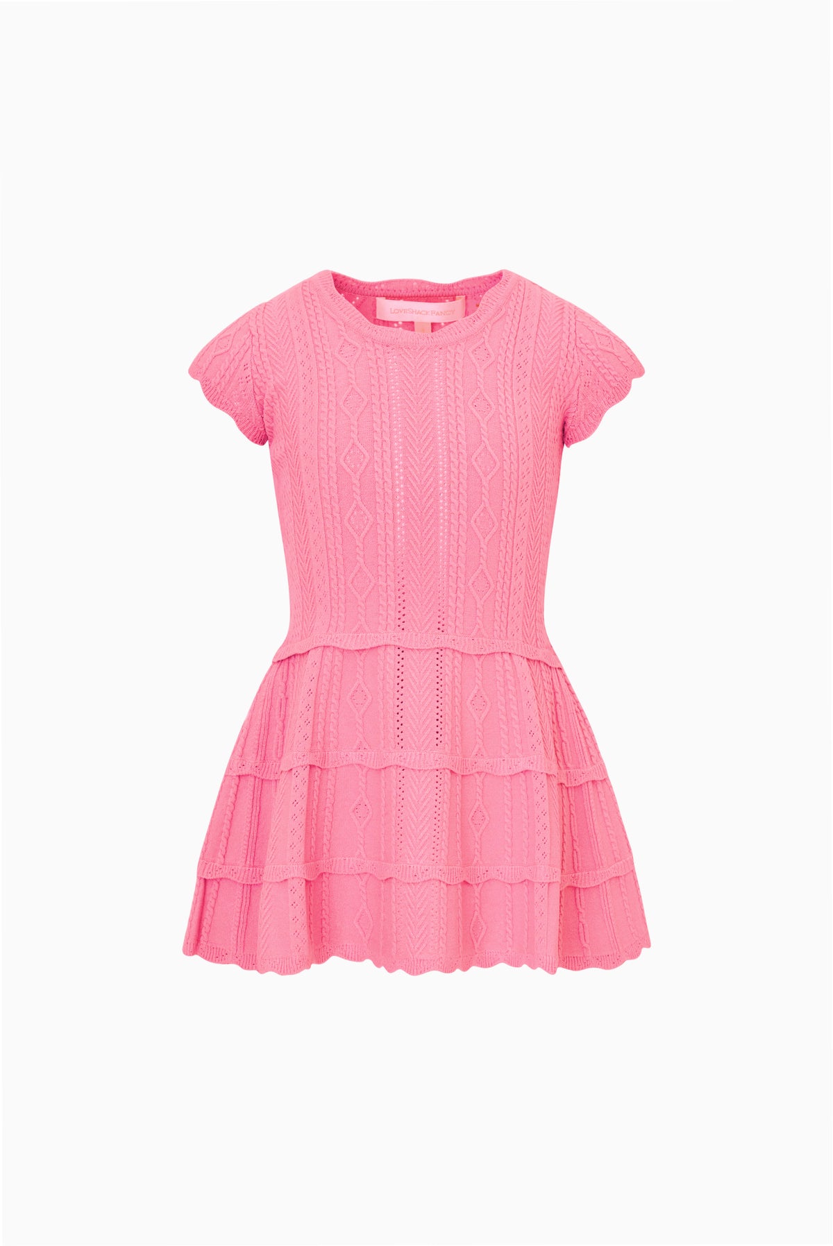 Girls stretch pointelle dress in peony pink, tiered ruffle skirt and short sleeves