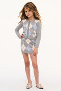 Girls argyle knit mini skirt in gray with light blue and white diamond pattern