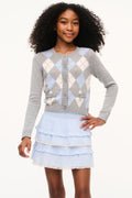 Light blue cotton ruffle skirt with layered tiers and frilly hem