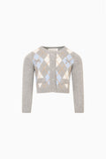 Girls argyle button cardigan, light gray knit with blue/white diamond pattern and chest pockets