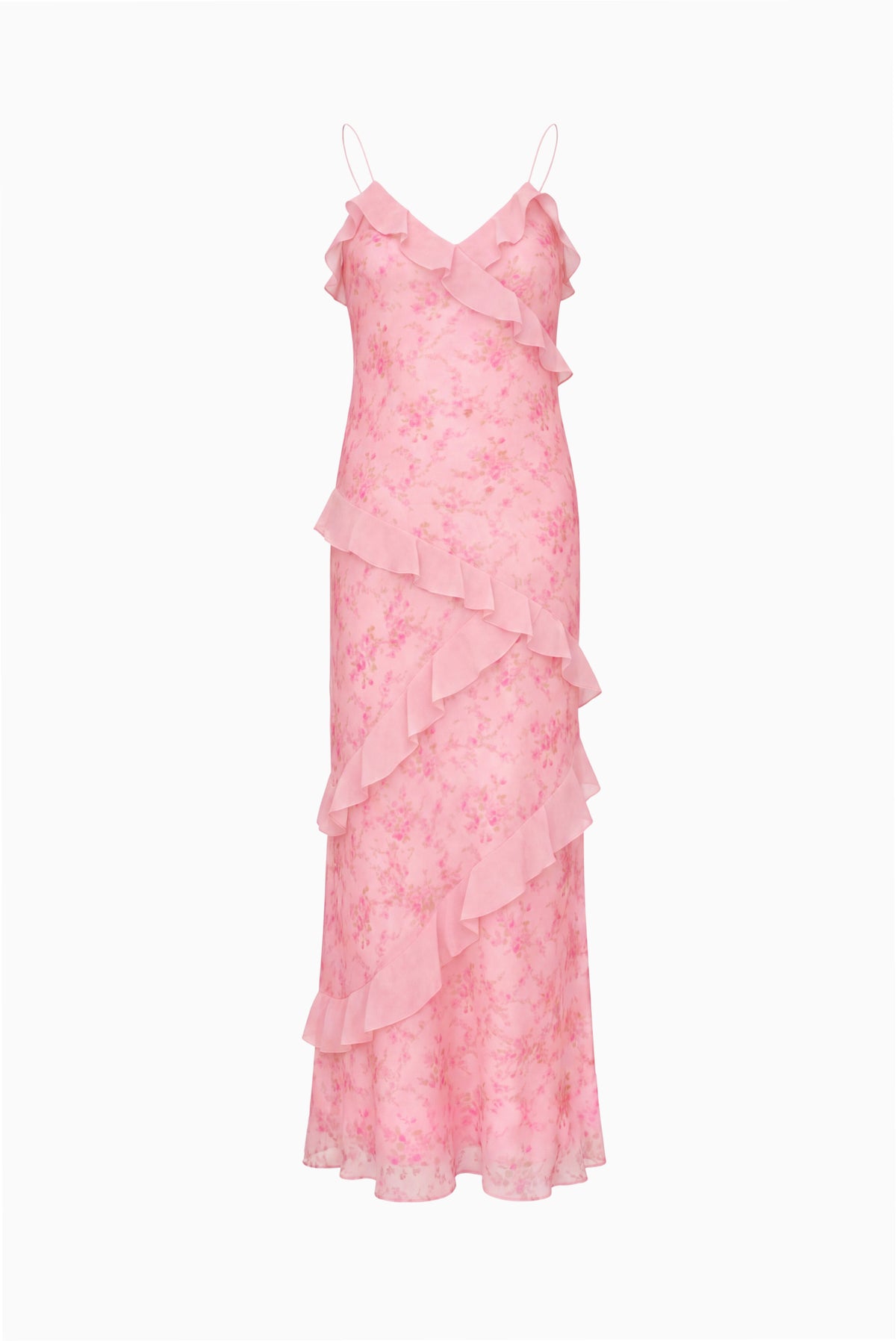 Pink floral mini dress with layered ruffles, spaghetti straps, and V-neck