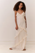 Ivory girls' maxi dress with cascading ruffles and thin shoulder straps