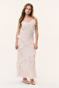 Tween silk mini dress with spaghetti straps, ruffled tiers, light floral print