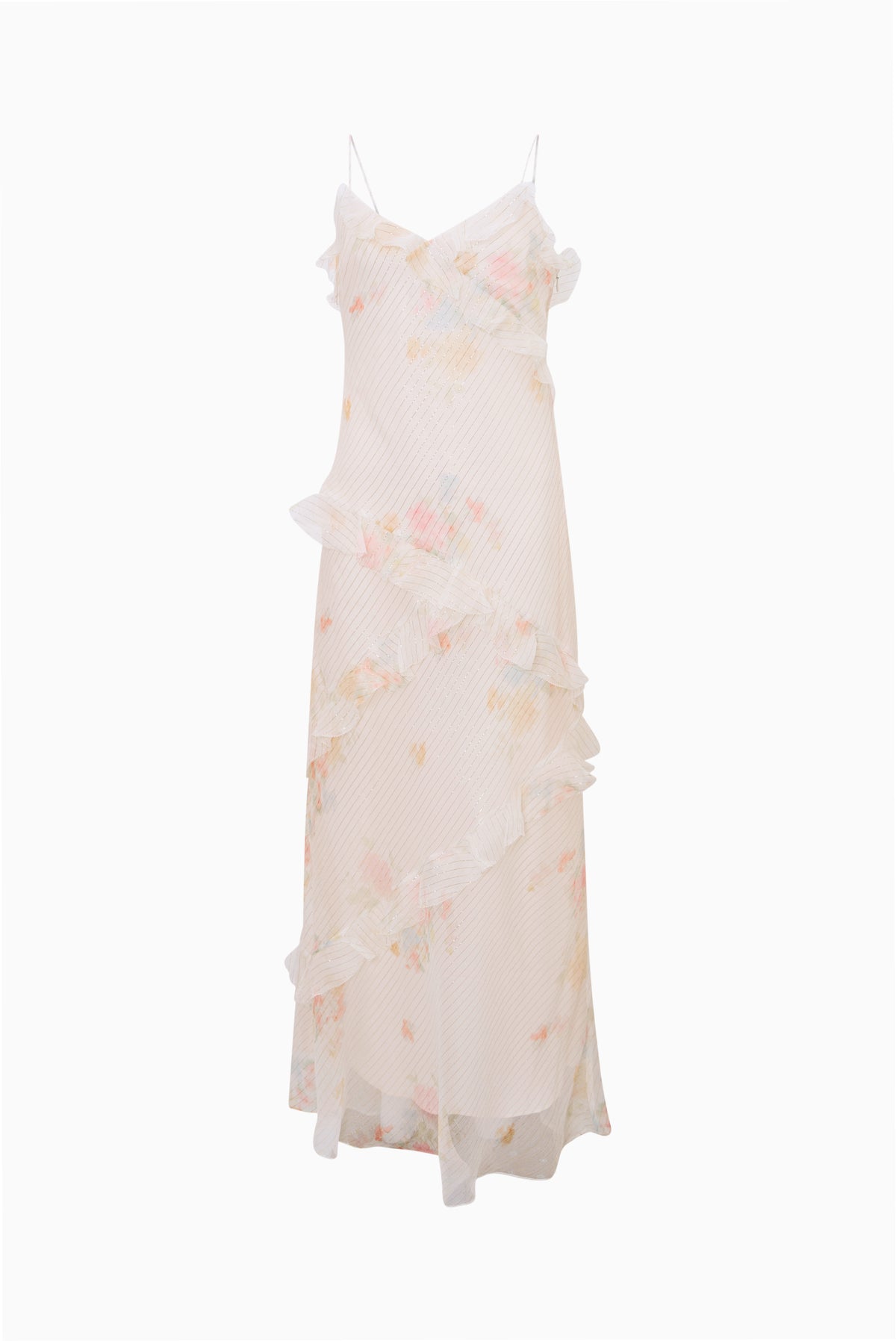 Tween silk mini dress with spaghetti straps and ruffled floral layers