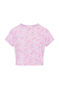Girls cotton T-shirt, light pink with allover floral print, crew neck, short sleeves