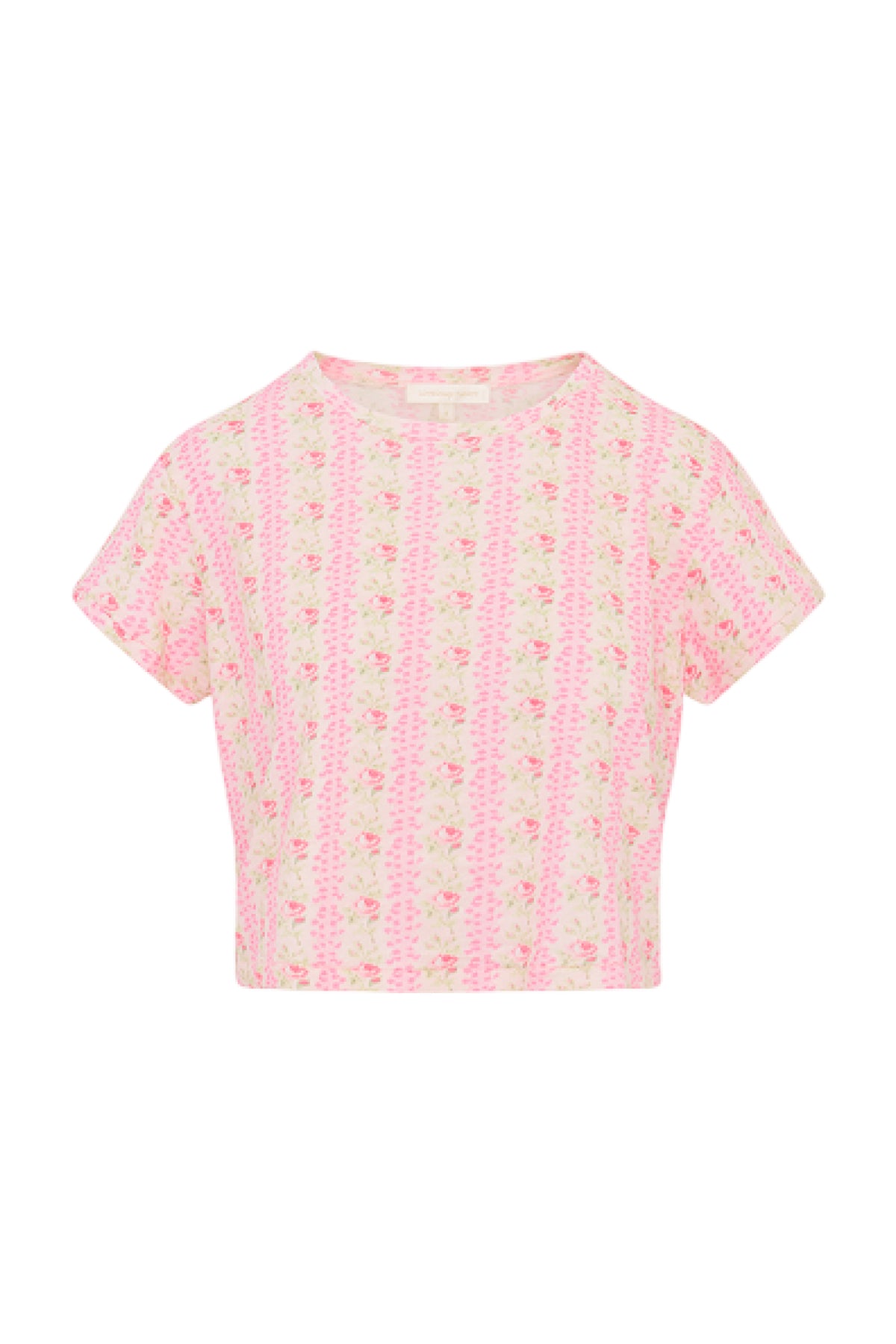 Girls cotton T-shirt, pink floral print all over, crew neck, short sleeves