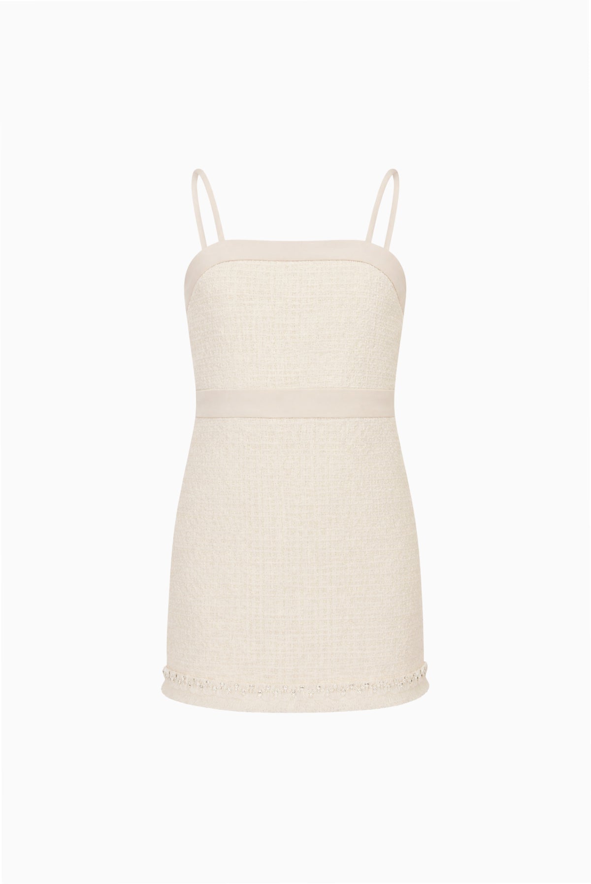Ivory mini girls dress with spaghetti straps and eyelet-trim hem, sleeveless