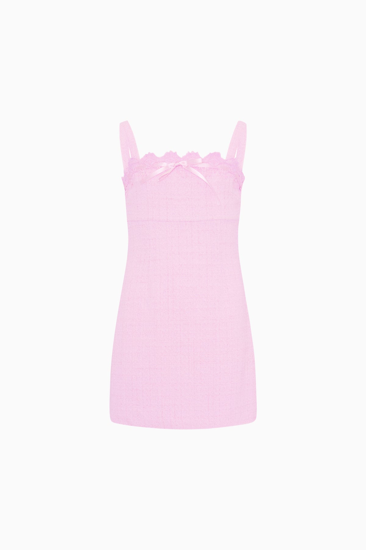 Pink lace-trim mini dress with sleeveless bodice and ruffle neckline