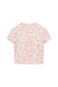Girls cotton T-shirt in light pink, scattered pink floral print, crew neck