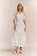 White button-front maxi dress with lace trim and tiered skirt