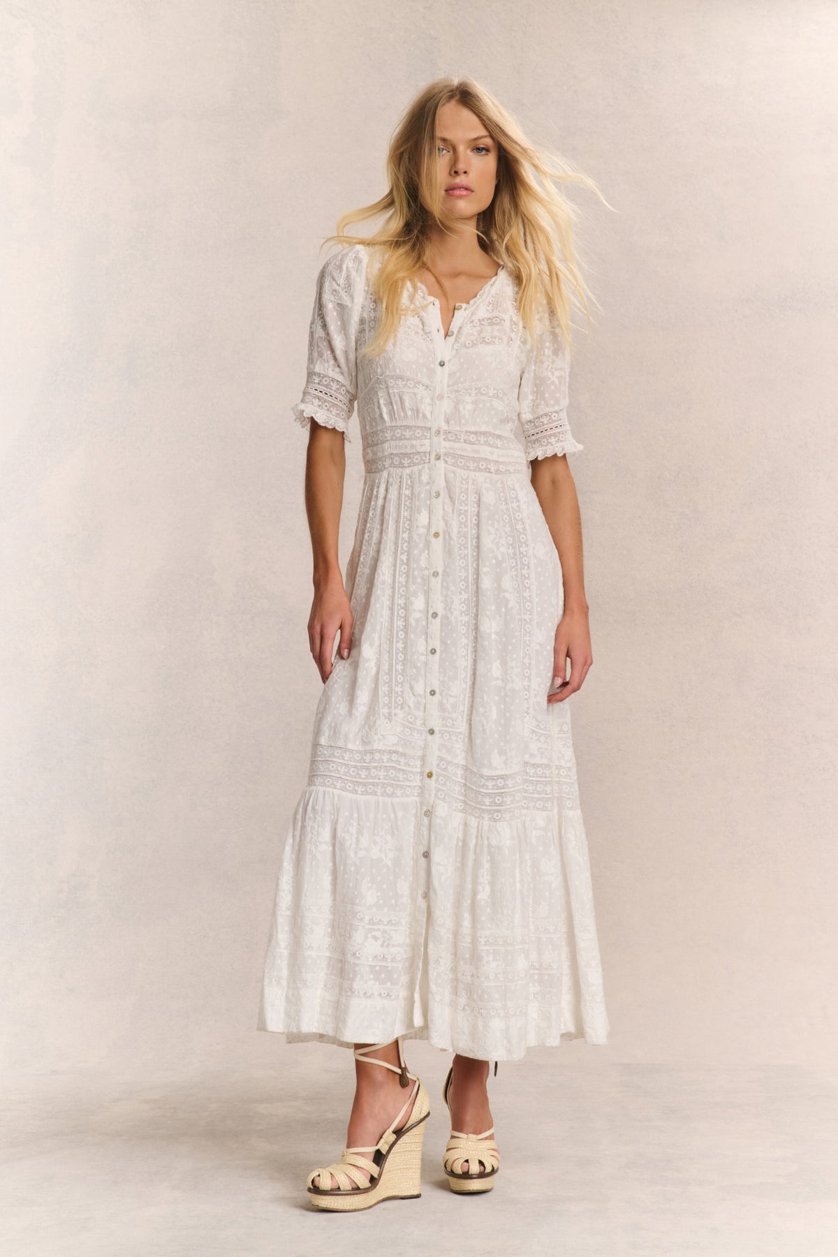 White button-front maxi dress with lace trim and tiered skirt