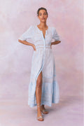 Light blue lace maxi dress with short sleeves, V-neck, button front, tiered hem
