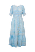 Light blue tiered lace maxi dress with short sleeves, button front, elastic waist