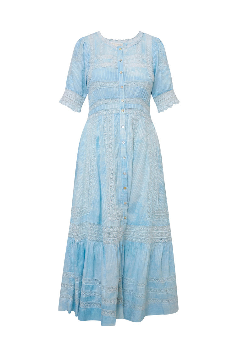 Light blue tiered lace maxi dress with short sleeves, button front, elastic waist