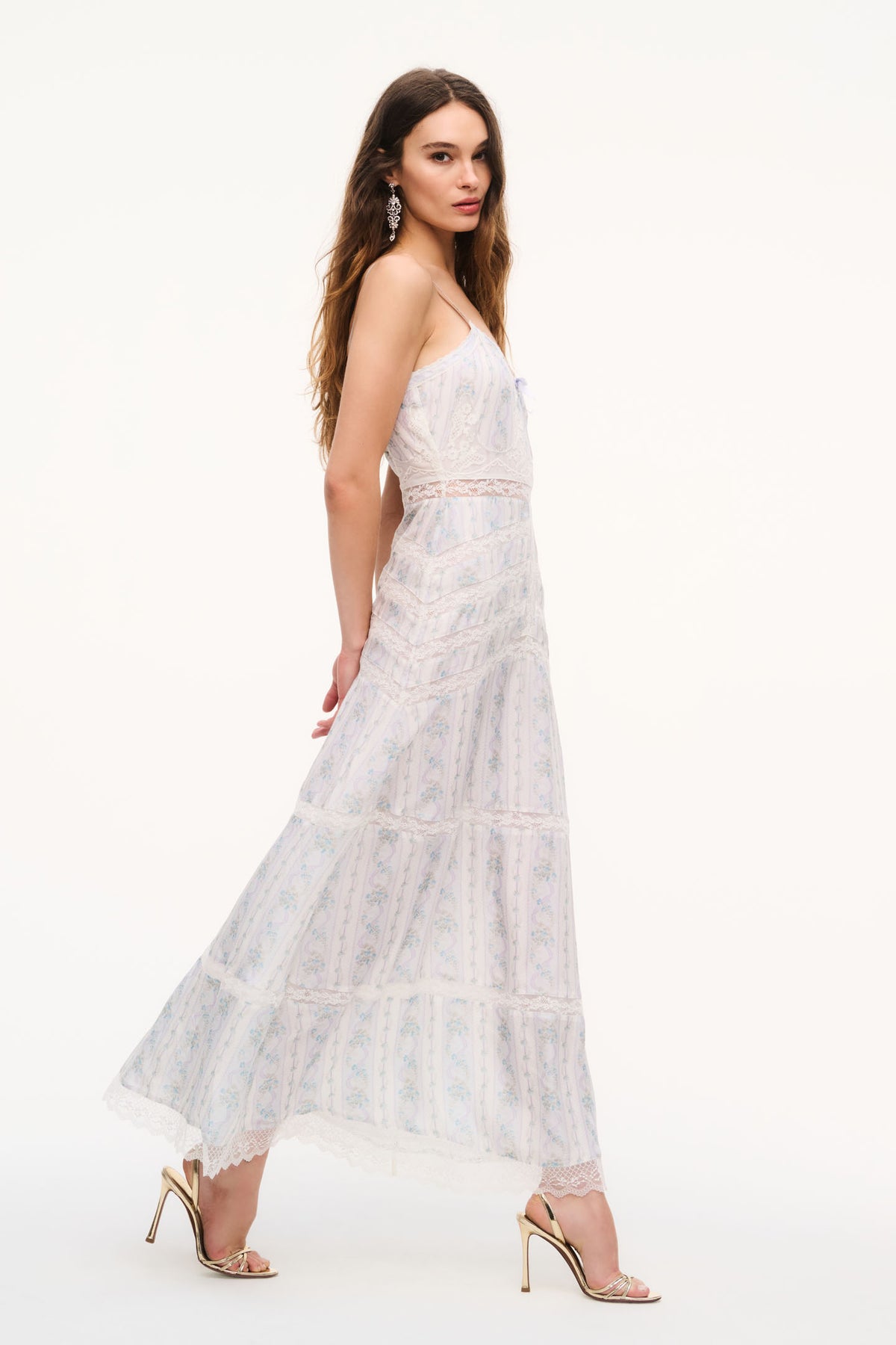Floral lace tiered maxi dress in light blue with spaghetti straps