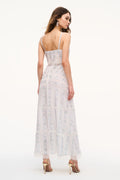 Floral lace maxi dress viewed from back, thin straps, tiered skirt