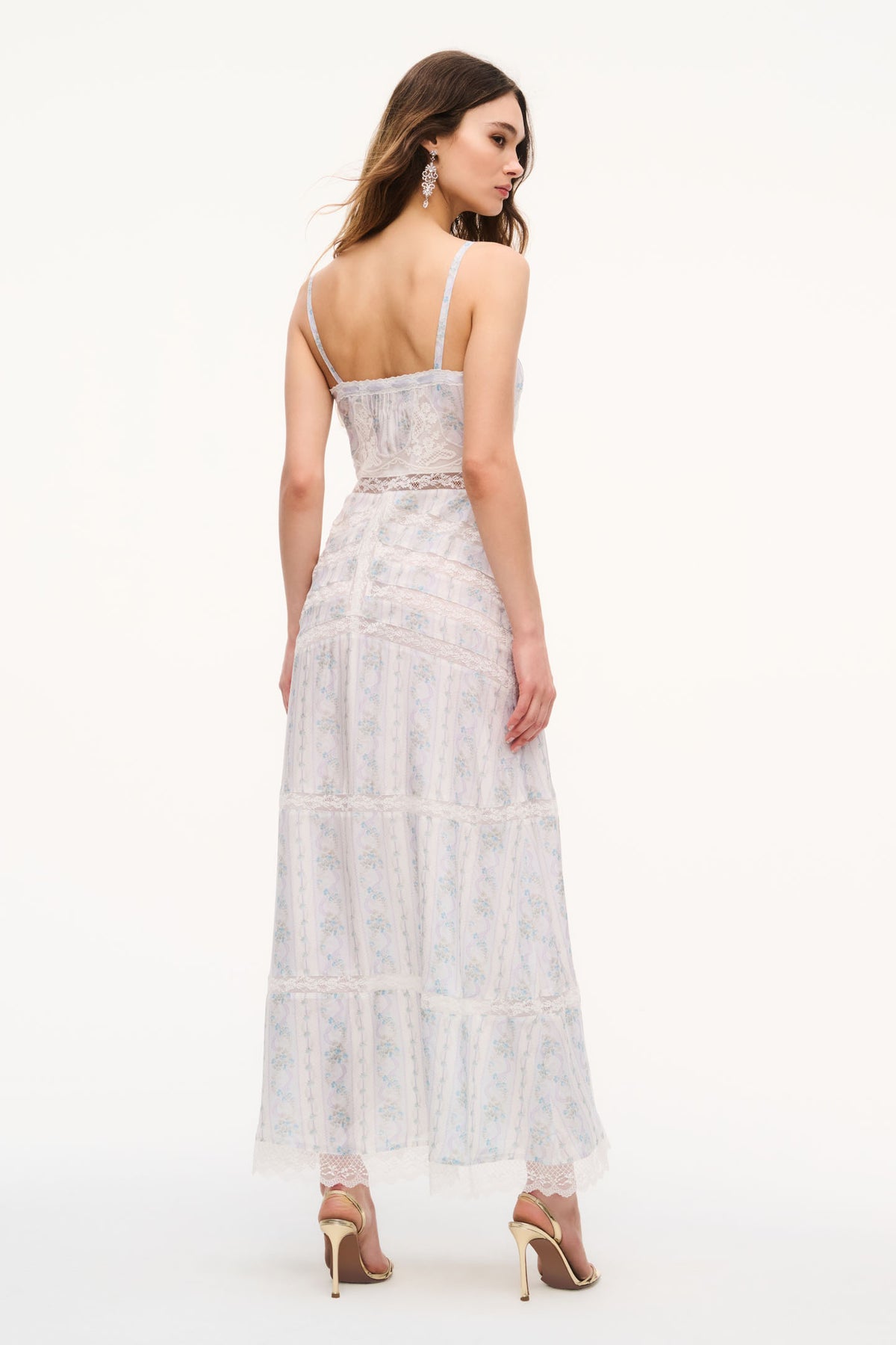 Floral lace maxi dress viewed from back, thin straps, tiered skirt