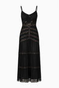 Black lace maxi dress with spaghetti straps and tiered lace-trim hem