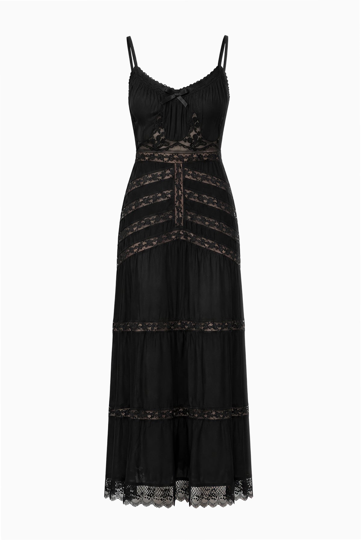 Black lace maxi dress with spaghetti straps and tiered lace-trim hem