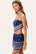 Blue bandana-print cami top with spaghetti straps and matching mini skirt