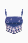 Blue bandana-print cami top with spaghetti straps and cropped bodice
