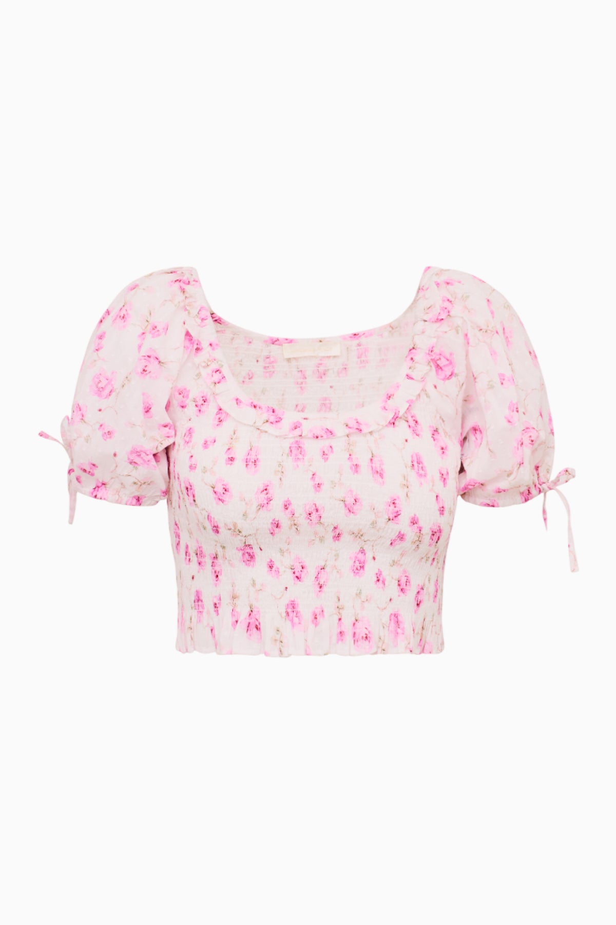 Pink floral printed peplum top with puff sleeves and smocked bodice