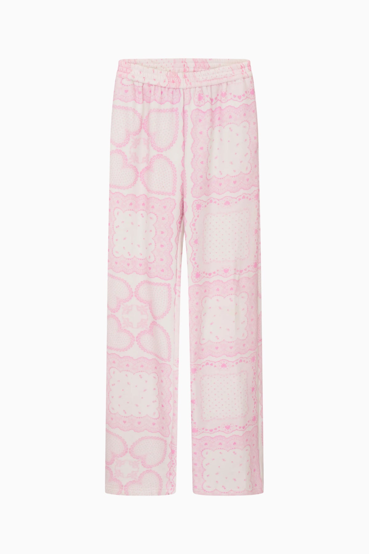 Pink fleece sweatpants with allover heart print and elastic waist
