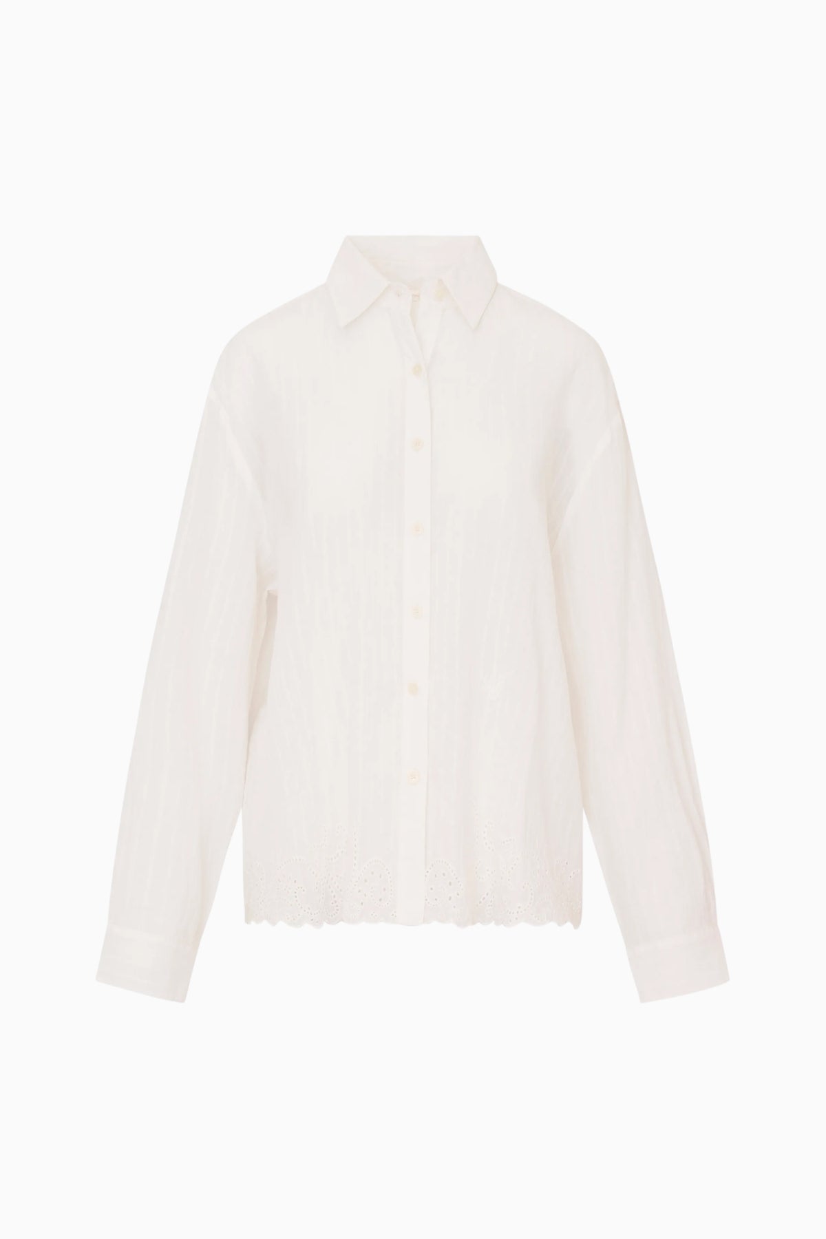 Embroidered cotton button-up shirt, long sleeves, collared neckline in white