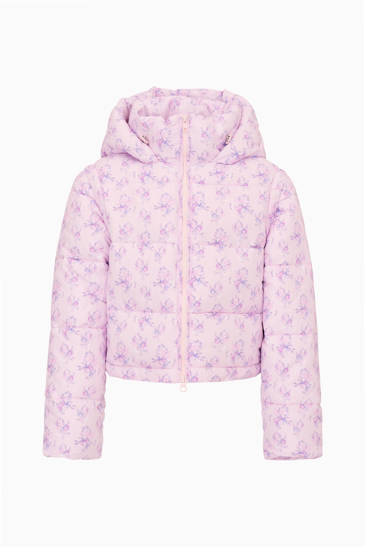 Moore puffer jacket in icy mauve with floral print, full-zip, hood