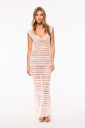 Off-white crochet midi dress with scalloped V neckline and fitted body
