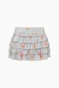 Cotton mini skirt with layered ruffle tiers and peony print on light sky blue