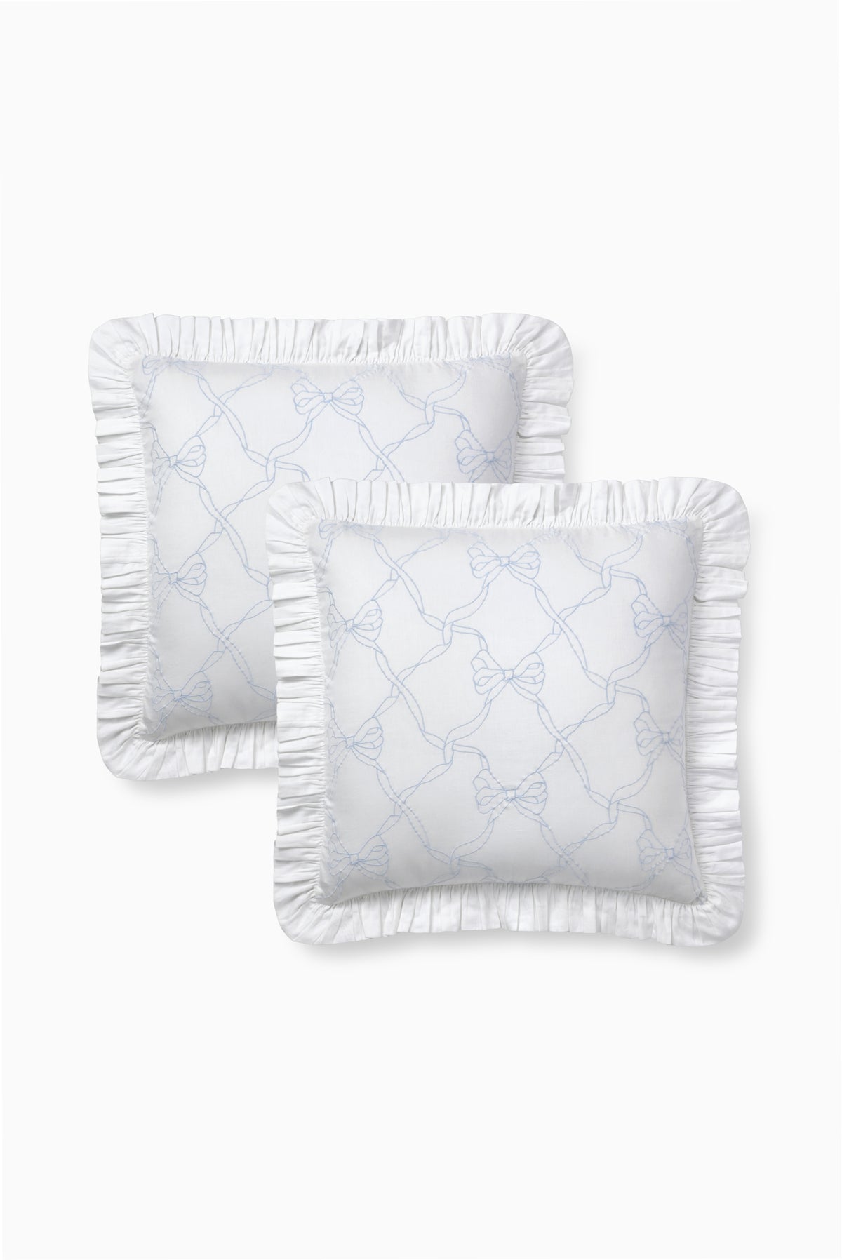 Euro pillow sham set of 2 with light blue bow pattern and ruffled edges