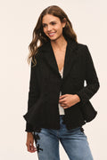 Black tweed peplum jacket with open front, long flared sleeves and peplum hem