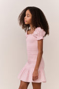 Pink gingham cotton tween dress, square neckline, puff sleeves, flared ruffle hem