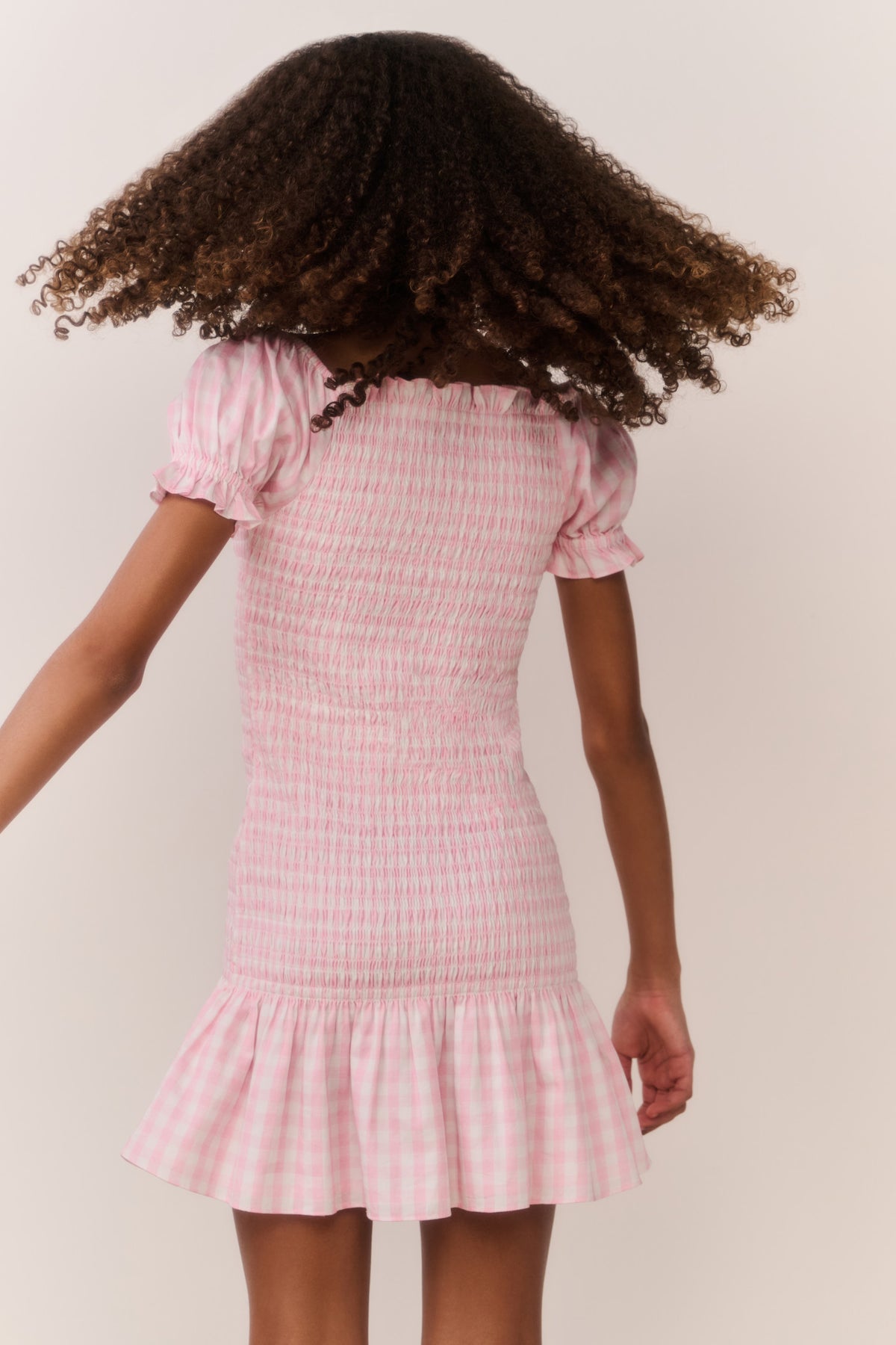 Pink gingham cotton tween dress, off-shoulder puff sleeves and tiered ruffle hem (back)