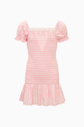 Pink gingham cotton tween dress, off-shoulder square neckline, puff sleeves, ruffle hem