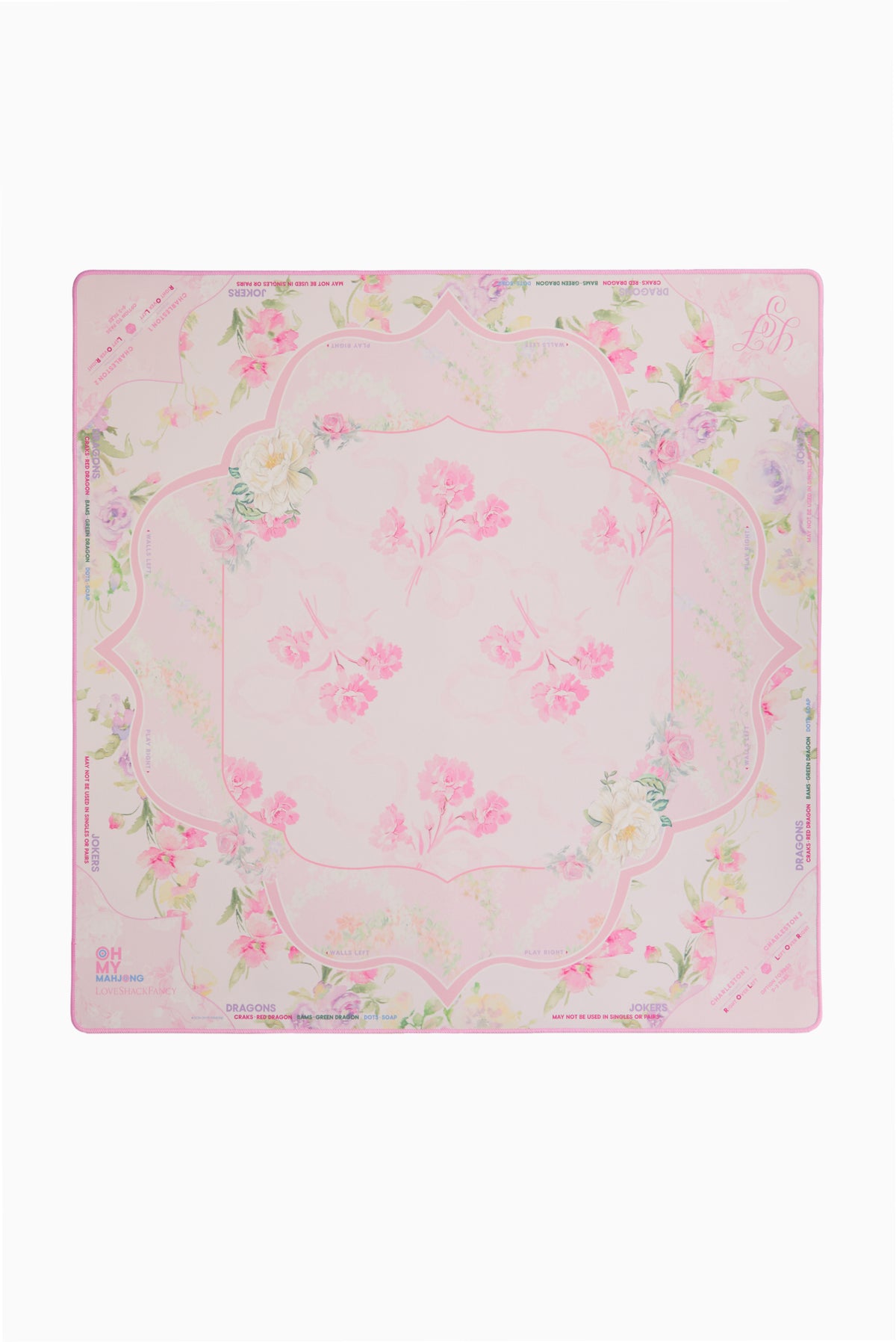 Square mahjong mat in sorbet pink with ornate floral border