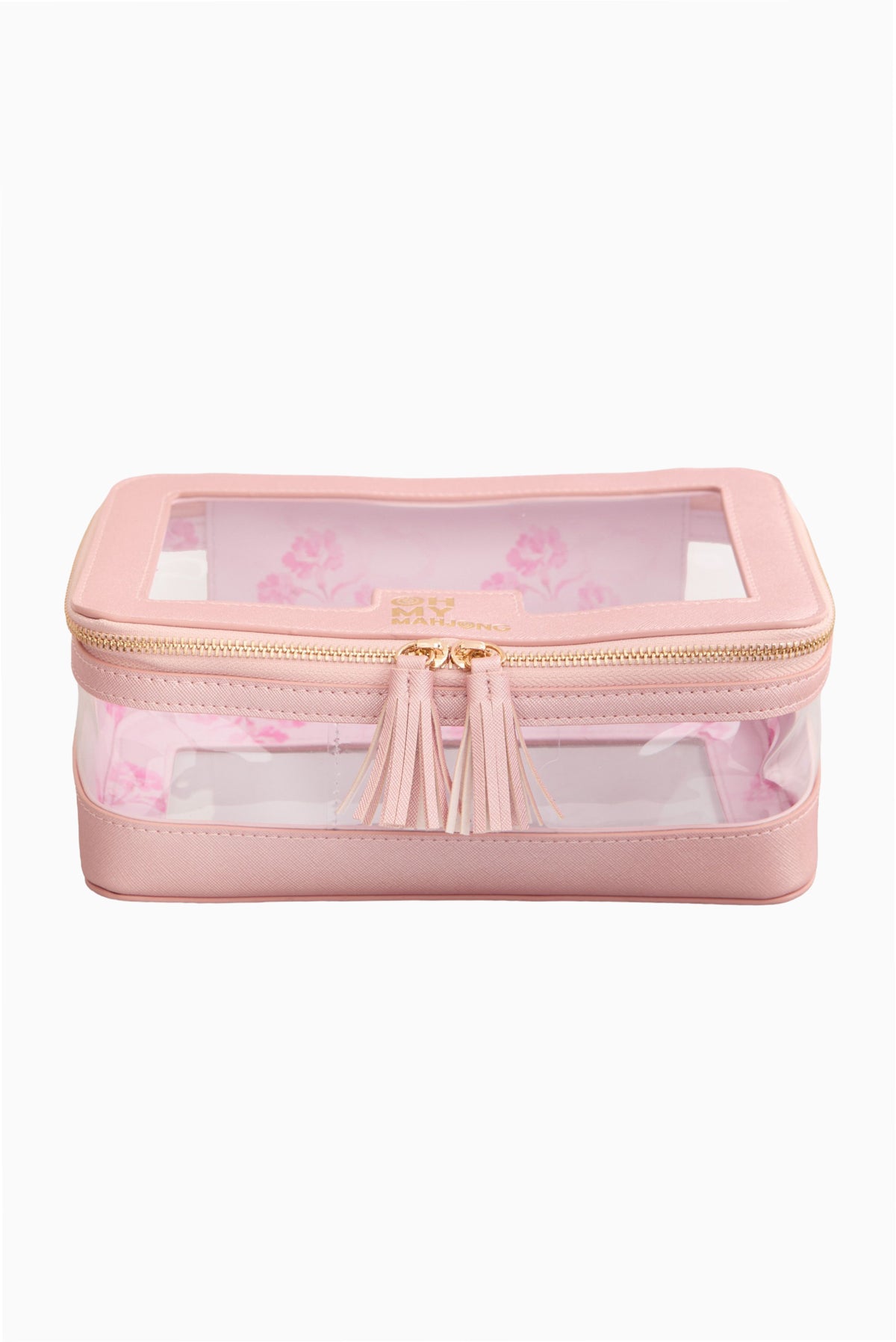 Tile storage bag with tassel zipper pull, floral print, open top with clear panels