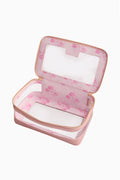 Tile storage bag in sorbet pink with floral accents, open interior with clear window