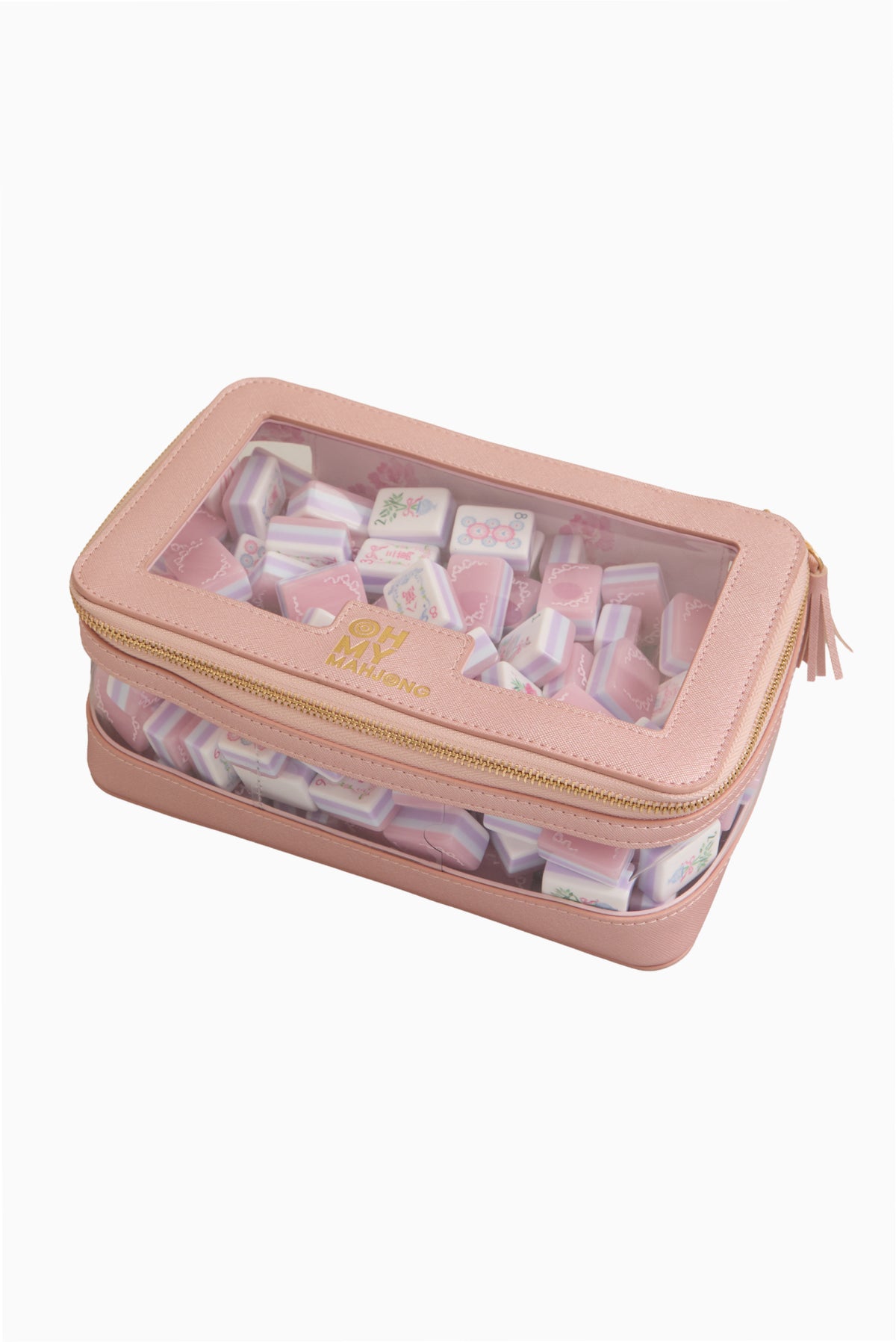 Tile storage bag with clear organizer window, zippered top, small pieces inside