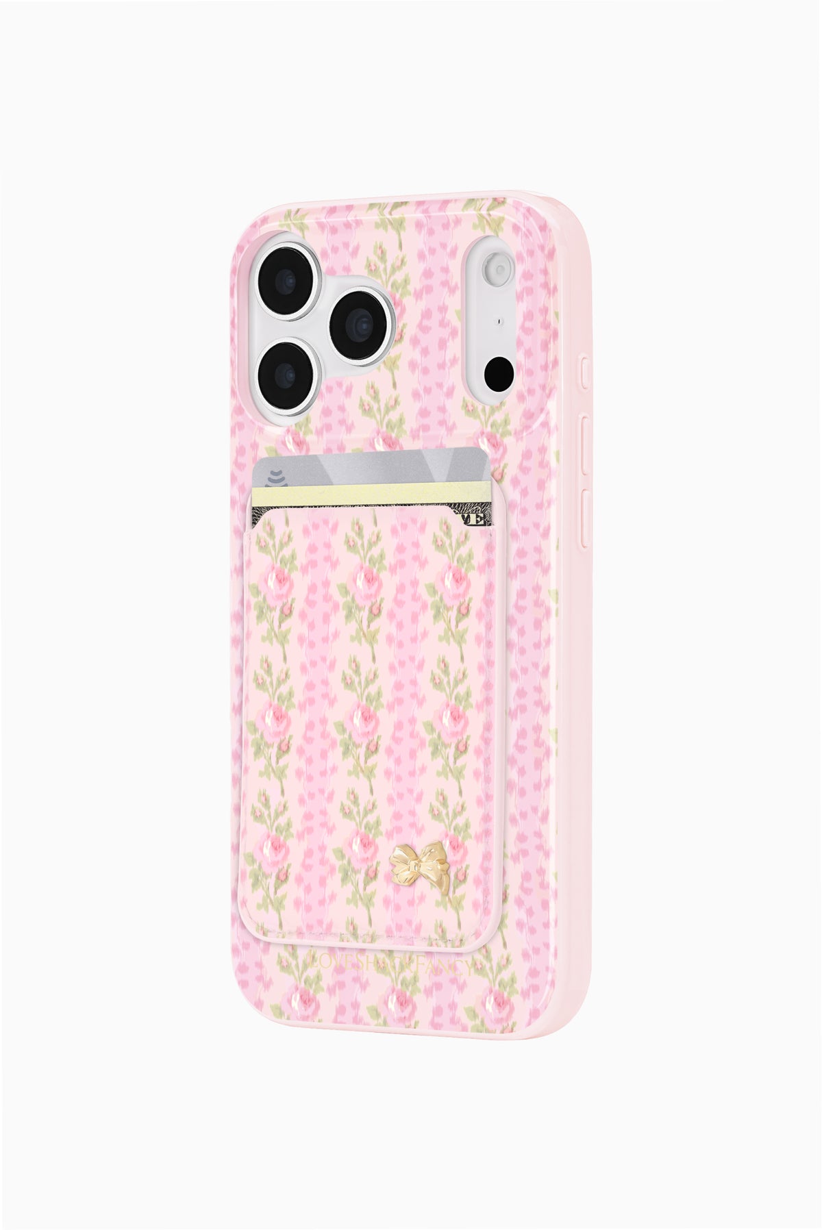 Pink floral magnetic phone wallet case with front card pocket and gold bow detail