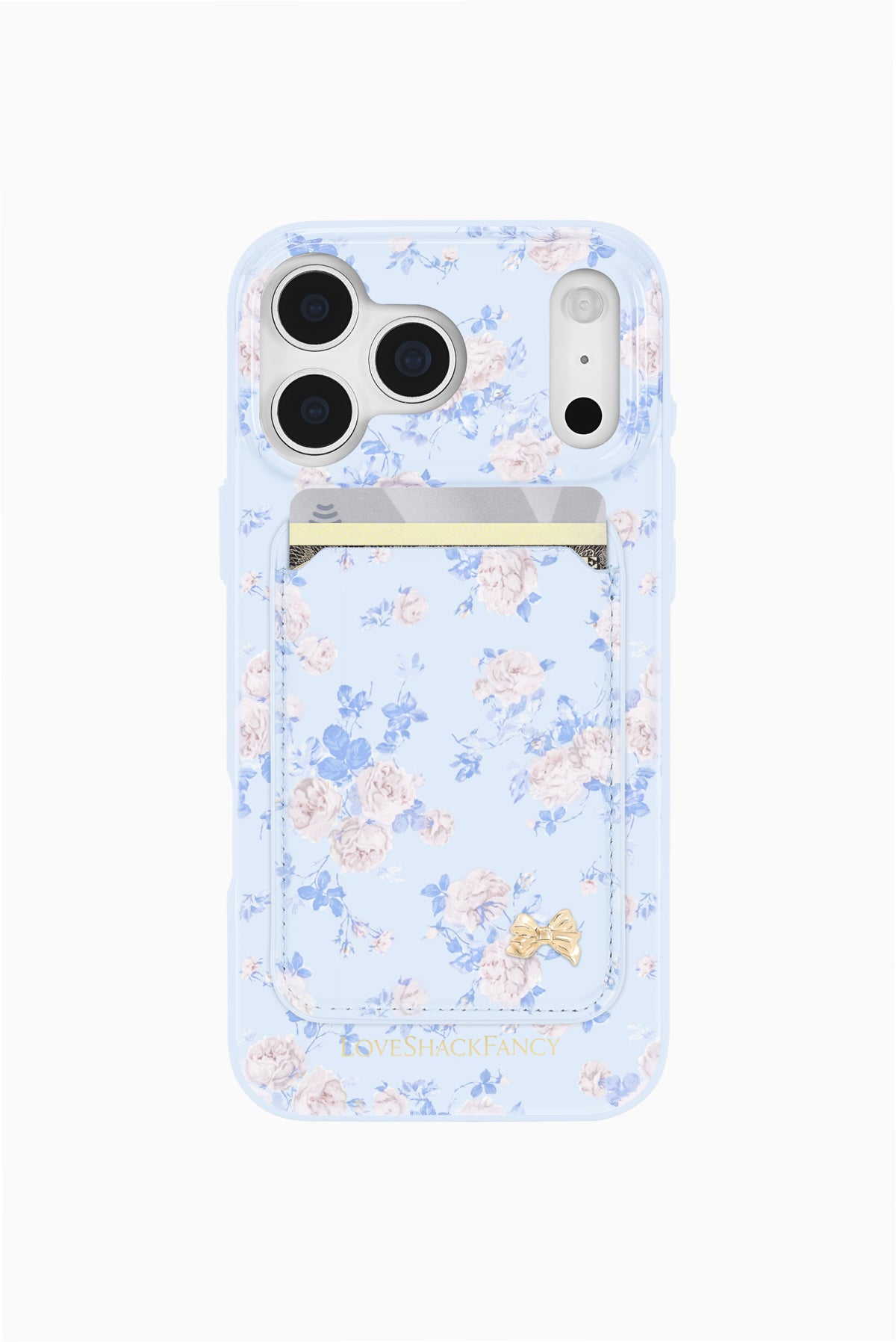 MagSafe magnetic wallet phone case with light blue floral rosette design and gold magnetic latch
