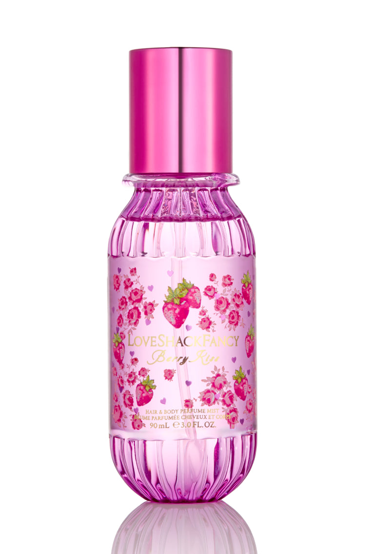 Berry Kiss hair and body mist bottle, berry-pink spray cap and berry floral label