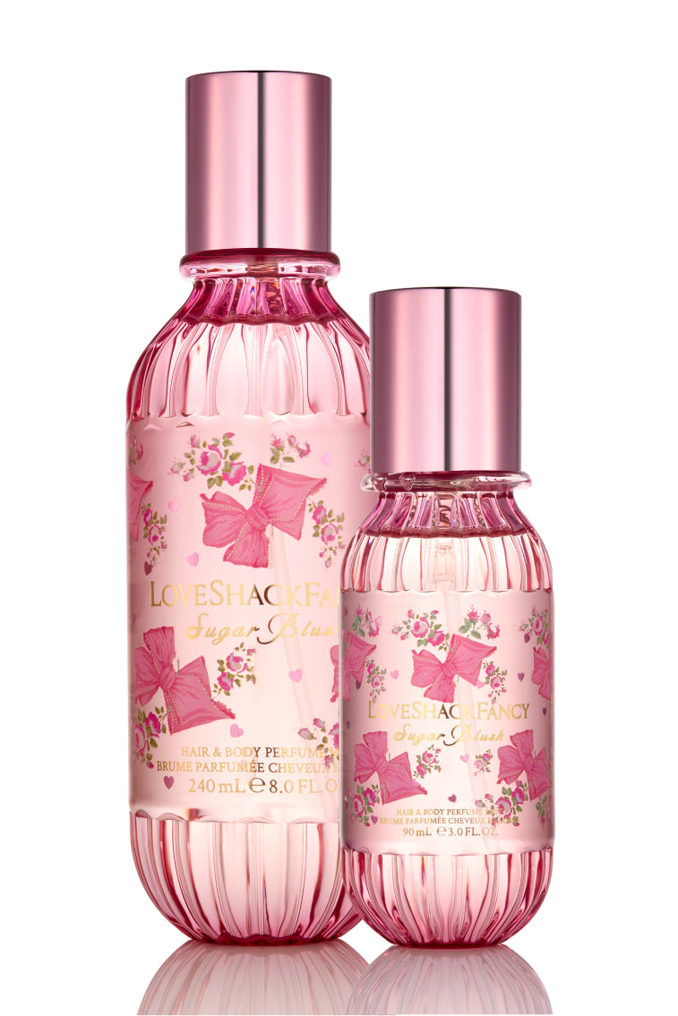 Mini hair and body mist bottles, pink floral label, rose-gold caps (2-pack)
