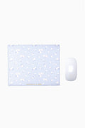 Light blue floral rosette mouse pad with stitched border and small blue/white mouse